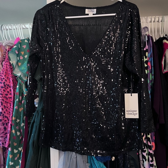 Unique Vintage Black Sequin Marianne Top - Picture 2 of 3